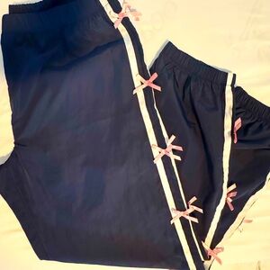 Navy Blue and White Stripe Track pants with Pink Bows